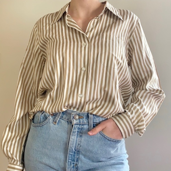 Vintage Tops - Vintage Striped 100% Silk Button Down Shirt